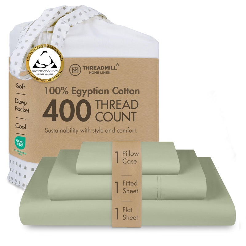 Threadmill مجموعة ملاءات توين من قطن مصري | ملاءات قطن مصري معتمدة 100% لحجم سرير توين | مجموعة ملاءات توين بجيب عميق من ساتين | مجموعة ملاءات تبريد ناعمة وقابلة للتنفس مكونة من 3 قطع | أخضر حكيم - Image 1